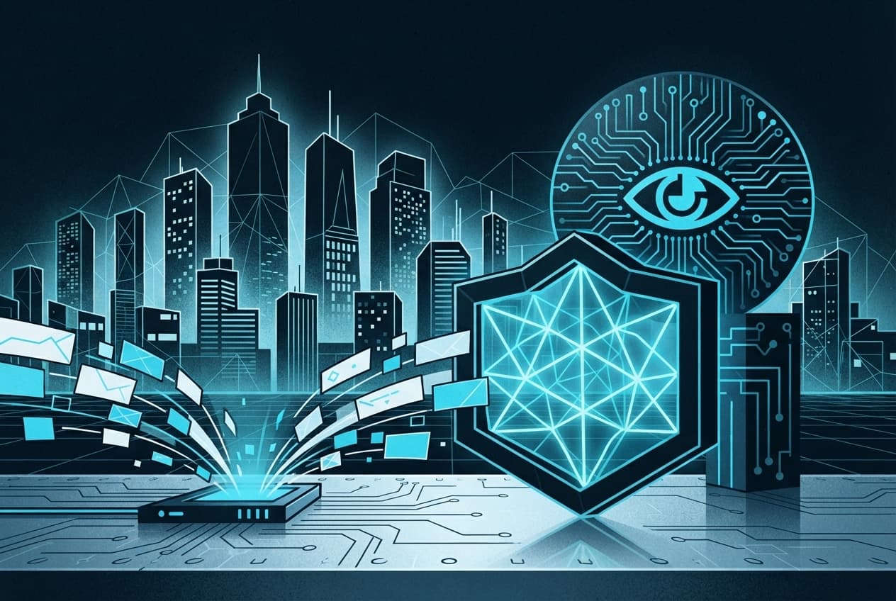 Flat illustration of Circuit board, Digital barrier, Network grid, Data streams, Skyscraper silhouette