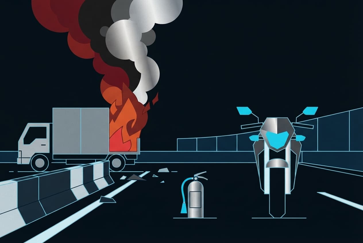 Flat illustration of Motorcycle, Car, Smoke, Fire extinguisher, Road barrier