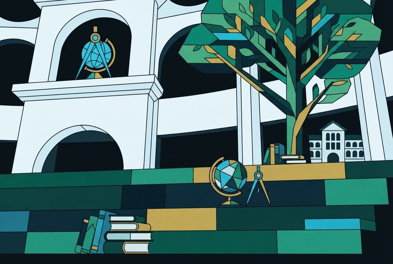 Flat illustration of Books, globe, tree, compass, school building