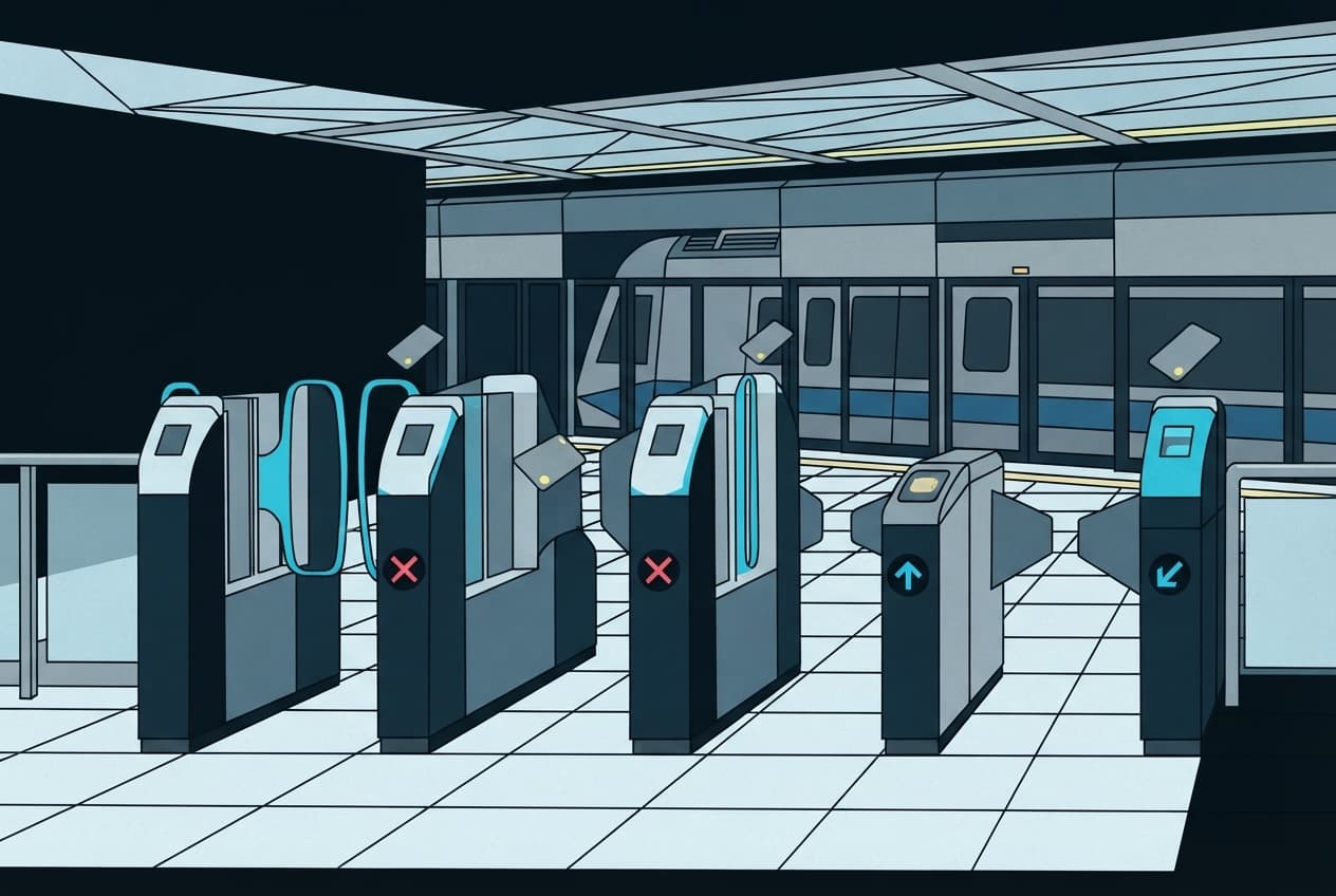 Flat illustration of MRT train, EZ-Link card, fare gate, platform screen door