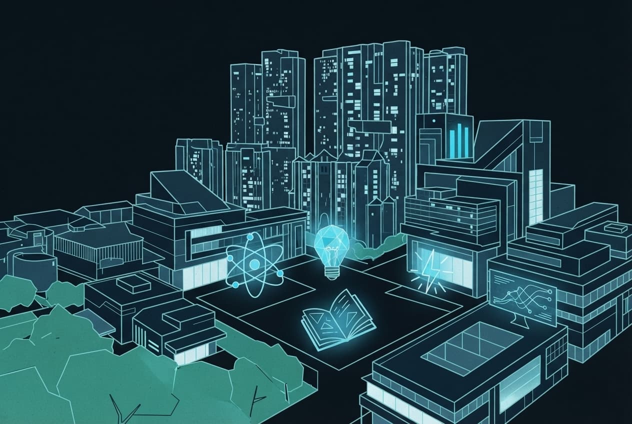 Flat illustration of atom, lightbulb, book, energy symbol, data display