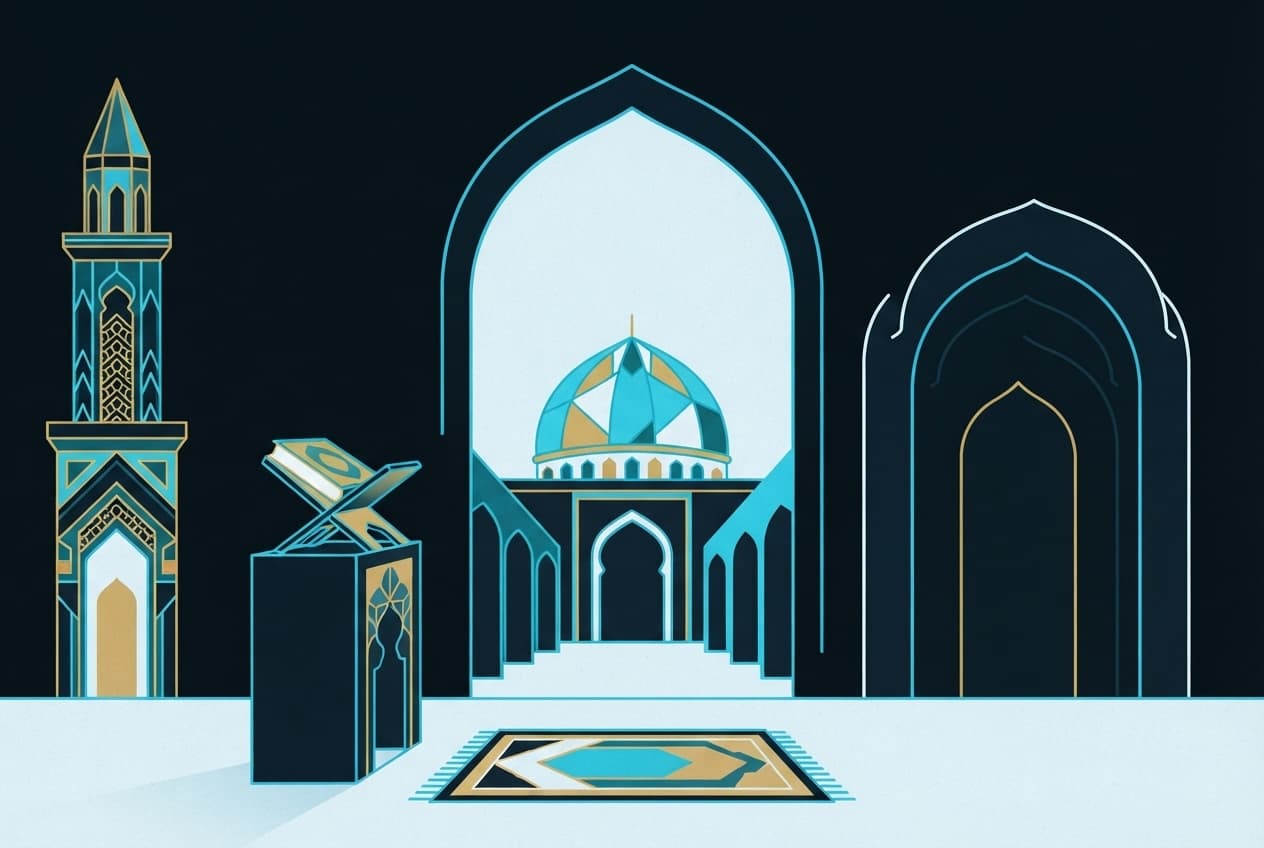Flat illustration of Prayer mat, Quran, Lectern, Archway, Dome