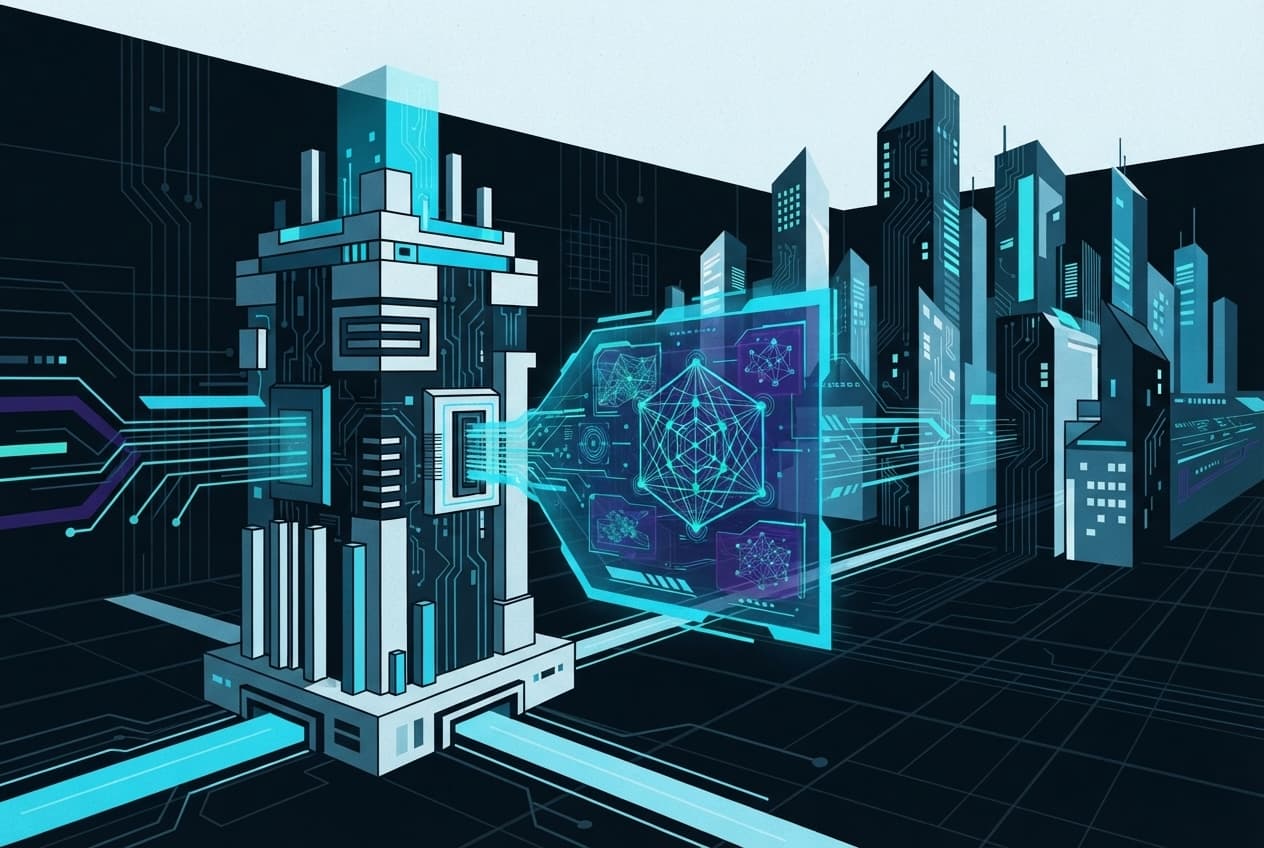 Flat illustration of server tower, circuitry, holographic display, data flow, digital grid